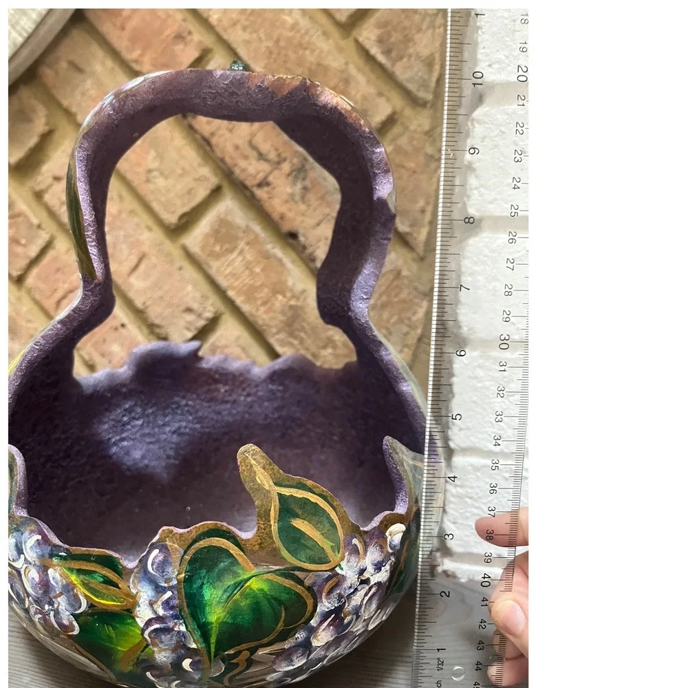 Vtg Hand-Painted Gourd Basket Hanging Planter Pot Stitched  Prple‎ green gold